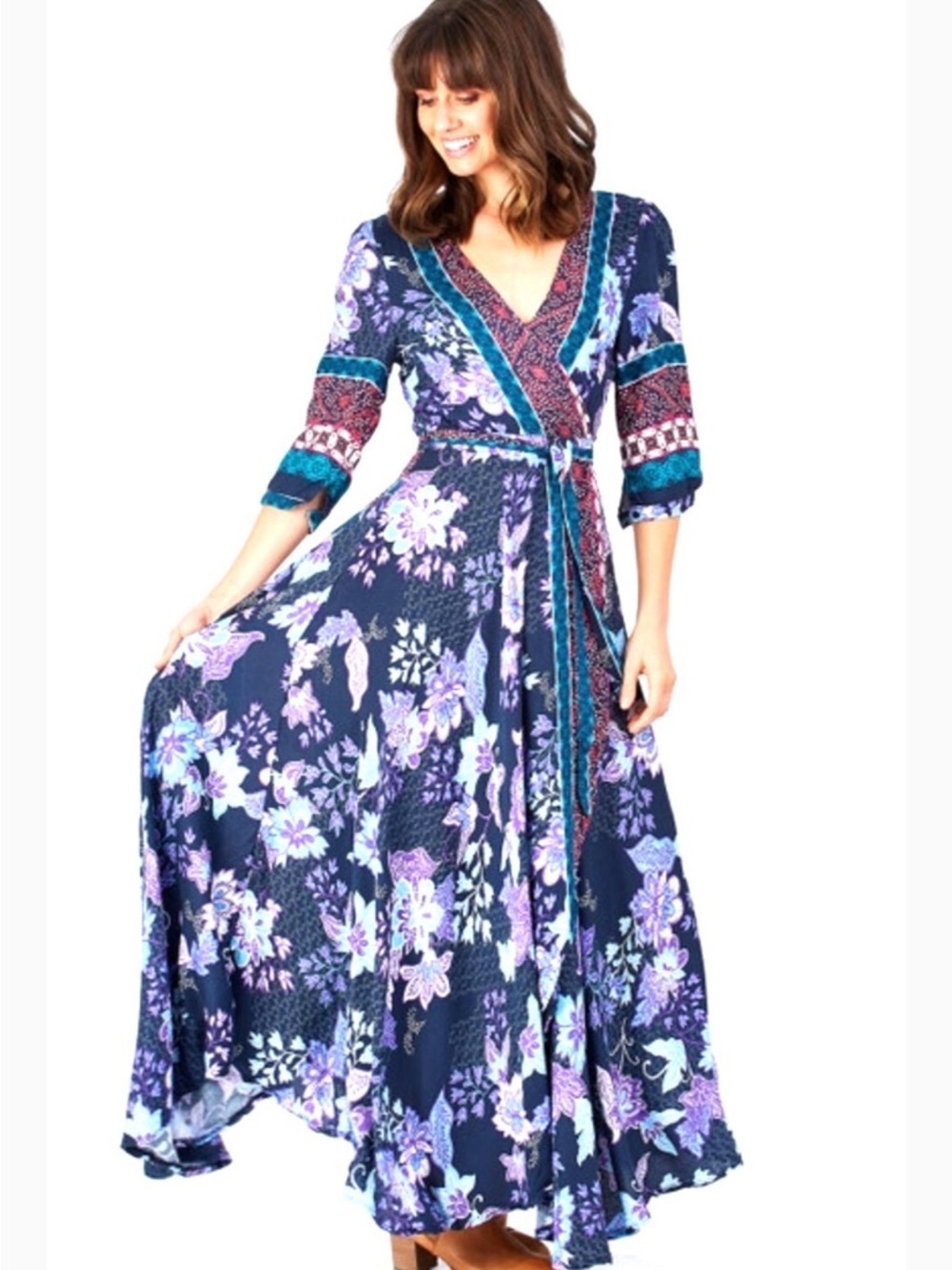 Jaase Navy Floral Wrap Maxi Dress Purple Teal Pink Accents sz M